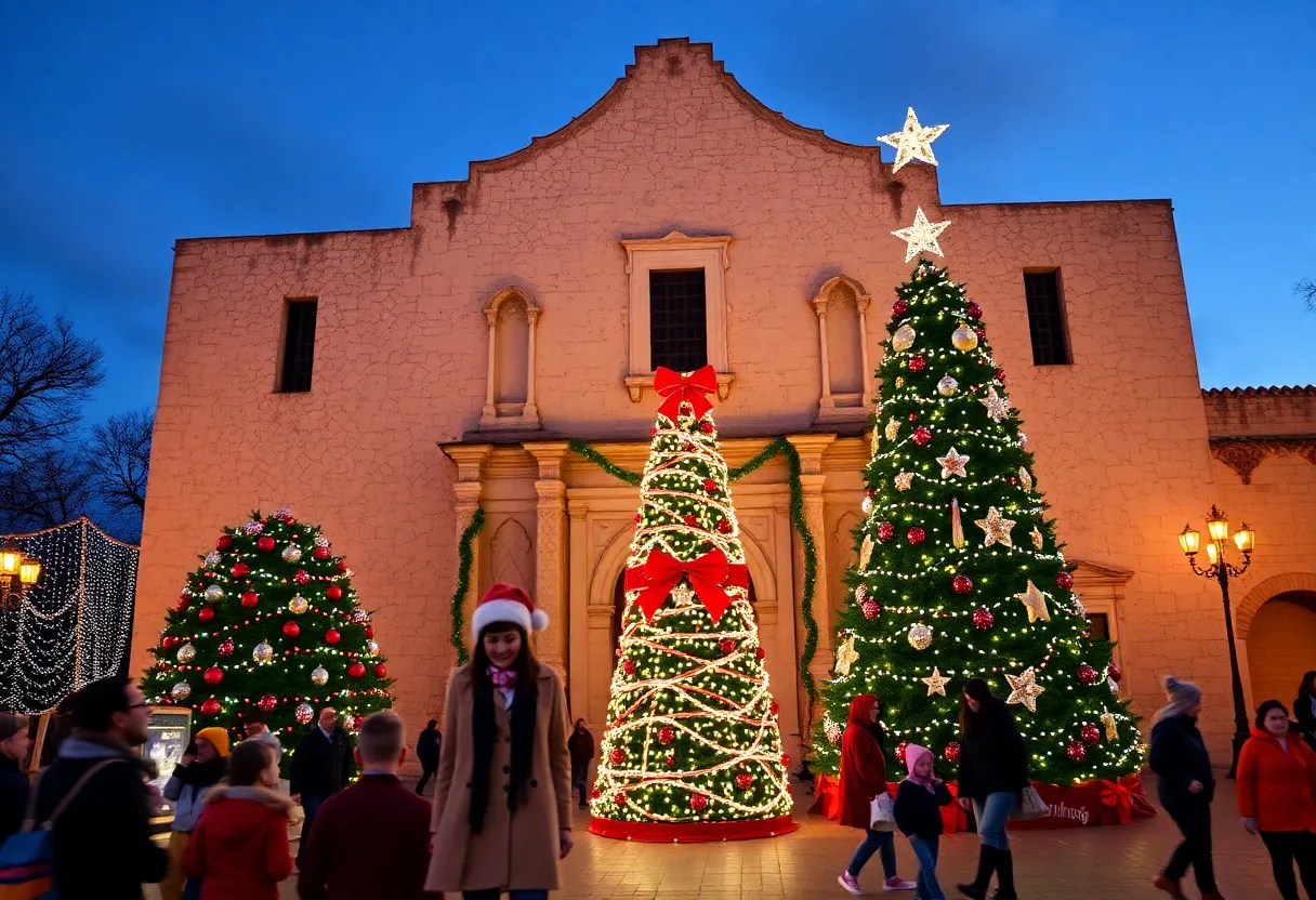 Families celebrating Christmas at the Alamo decorated with holiday lights.