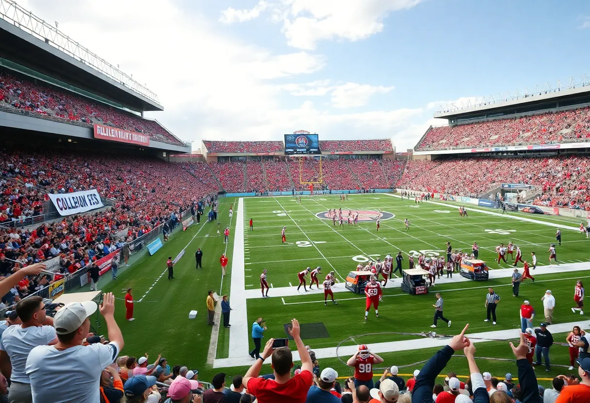 Fans cheering in a college football stadium during a playoff game.