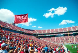 Crowd cheering in a college football stadium