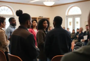 A diverse group of people discussing immigration policies in a community setting