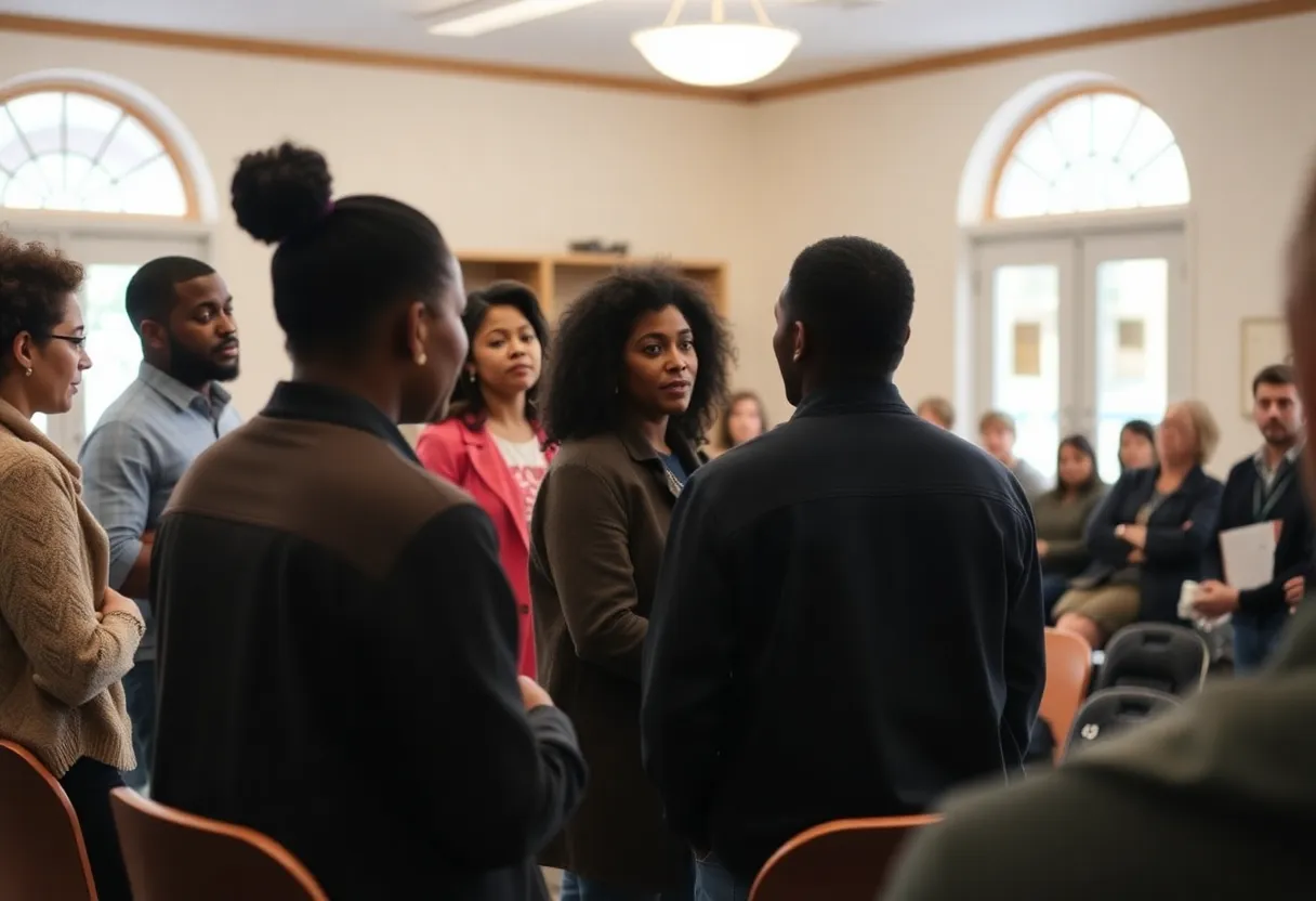 A diverse group of people discussing immigration policies in a community setting