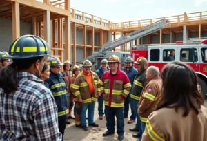 Firefighters and community members collaborating at Concan Fire Department construction site
