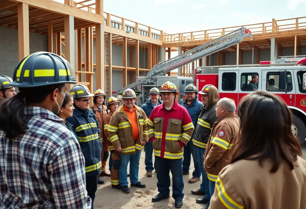Firefighters and community members collaborating at Concan Fire Department construction site