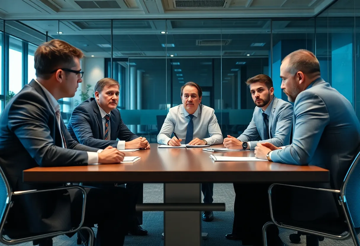 A serious meeting discussing corporate ethics and termination of an executive.