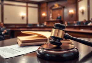 Courtroom scene during a pretrial hearing on domestic violence