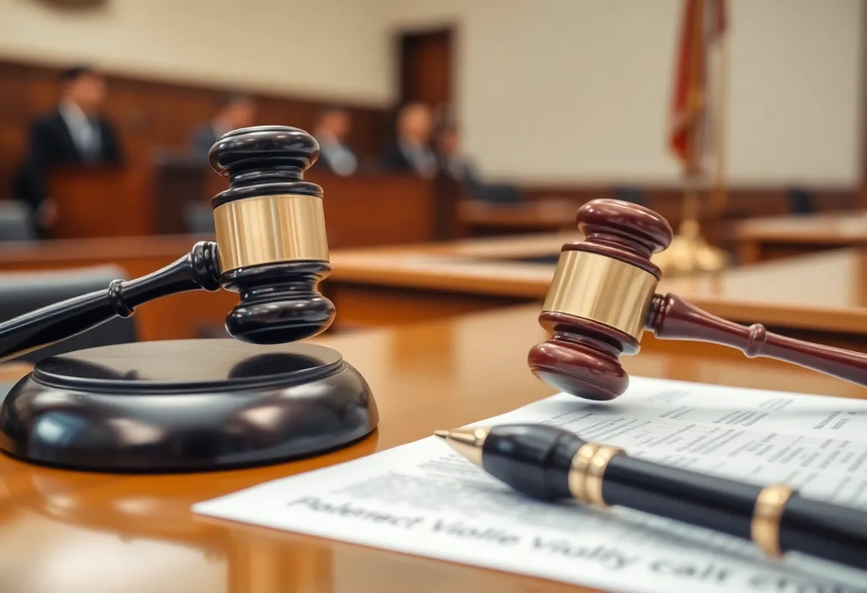A gavel resting on a desk in a courtroom