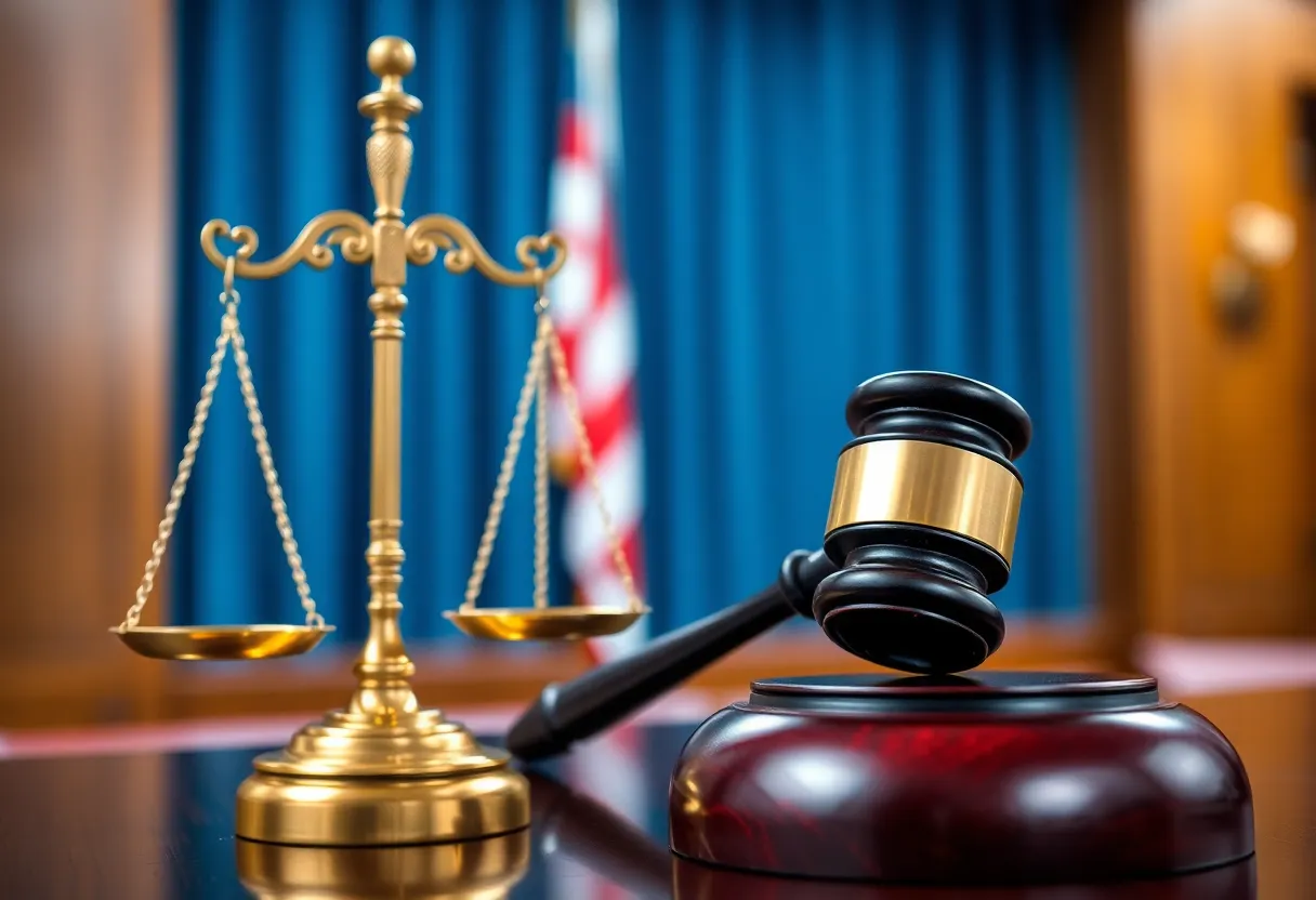 Image representing a courtroom with a gavel and scales of justice.