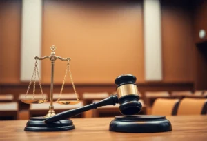 A depiction of a courtroom scene with a gavel and scales of justice.