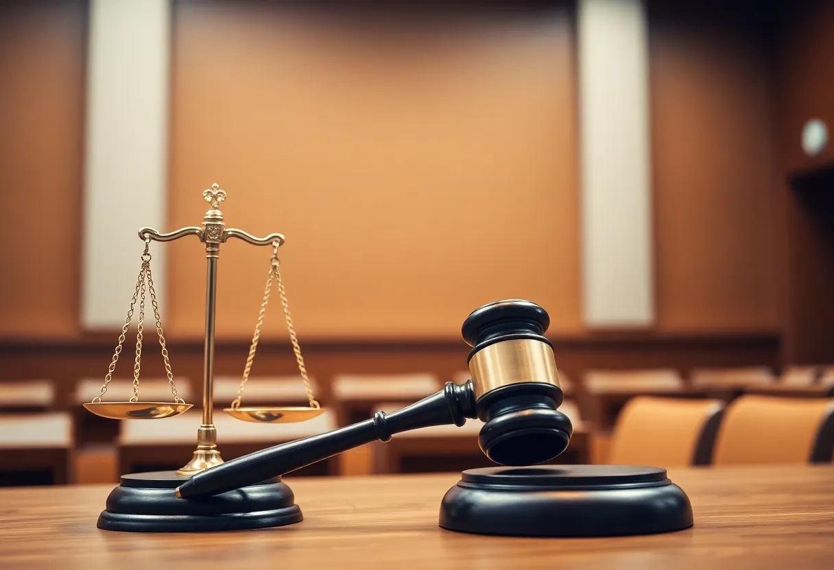 A depiction of a courtroom scene with a gavel and scales of justice.