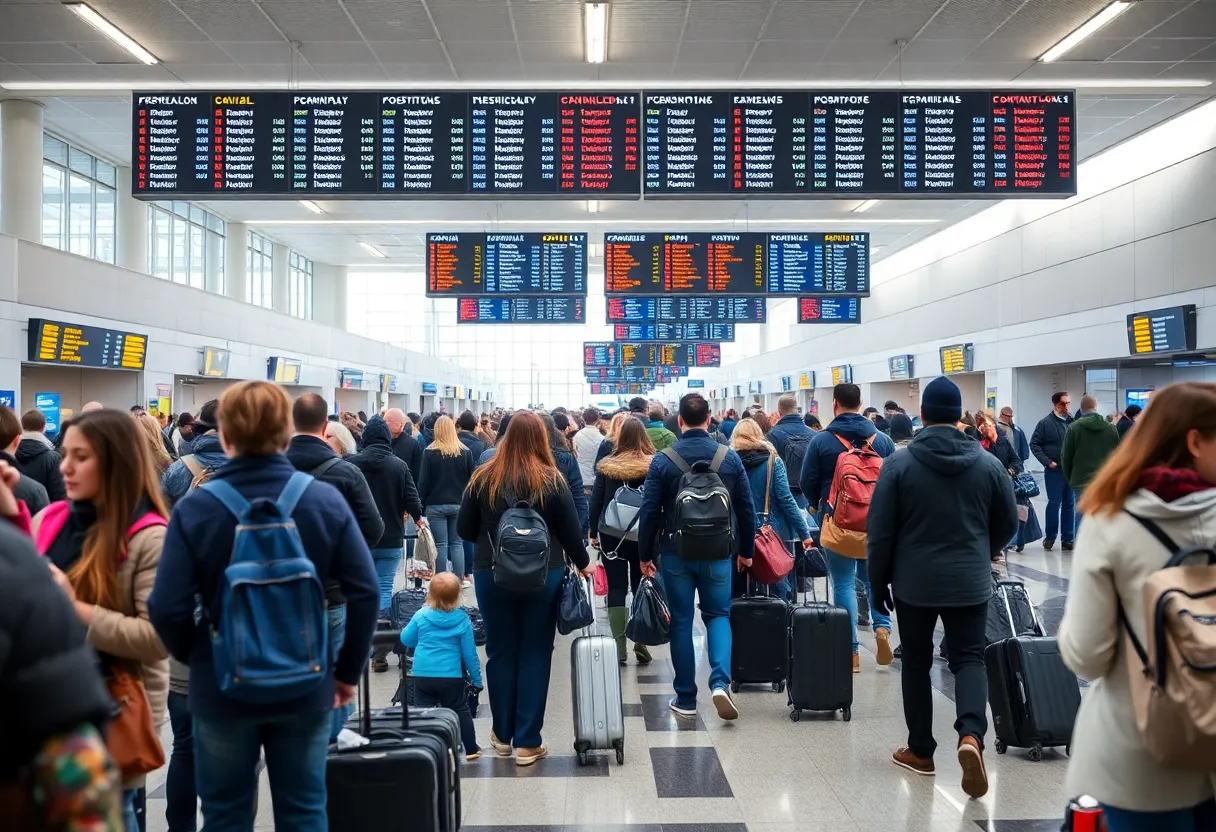 Crowded airport scene in Dallas during the holiday travel season.