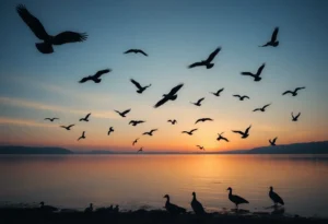 Dead fish and ducks at Northern Hills Lake with vultures in the background