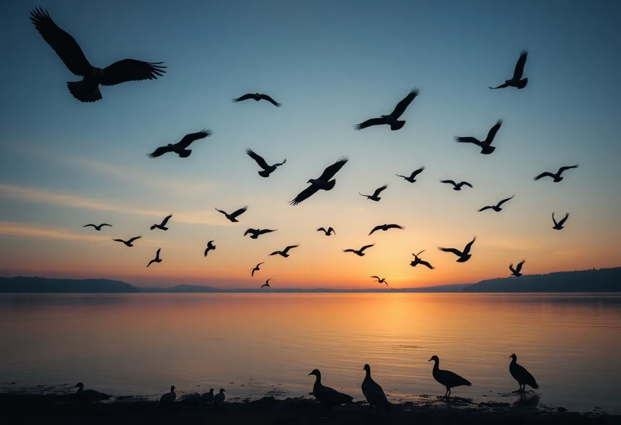 Dead fish and ducks at Northern Hills Lake with vultures in the background