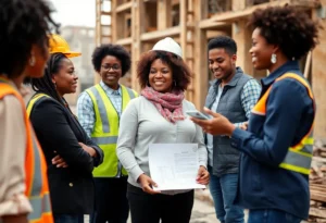Group of Hispanic construction professionals collaborating on a project