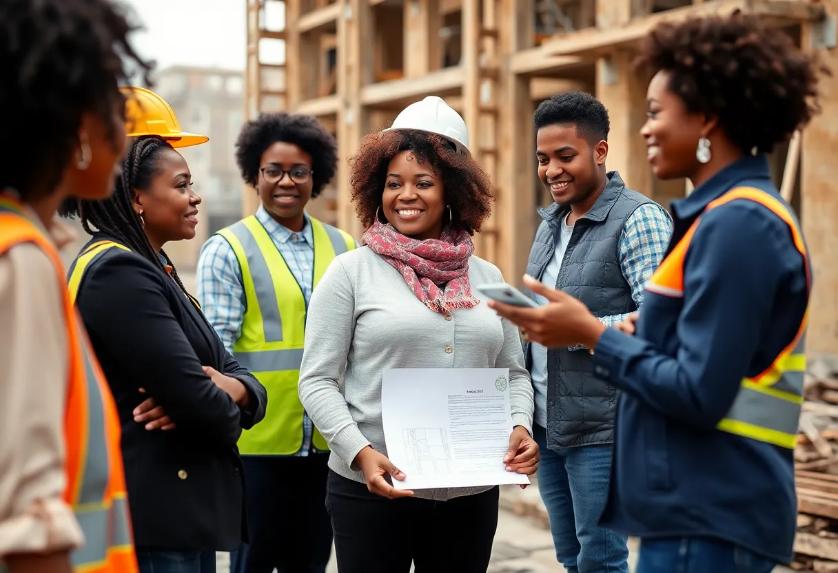 Group of Hispanic construction professionals collaborating on a project