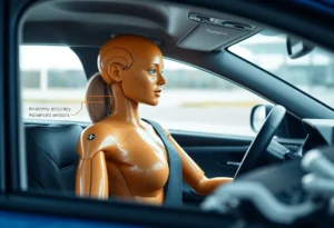 Image of a female crash test dummy in a vehicle simulation setting.