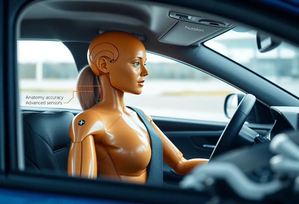 Image of a female crash test dummy in a vehicle simulation setting.