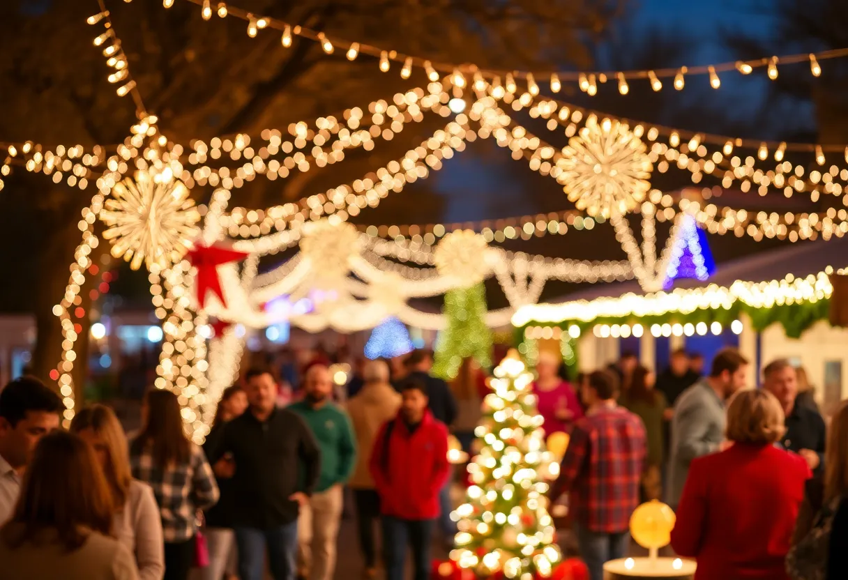 A colorful display of holiday lights and activities in San Antonio