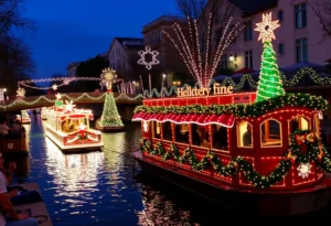 Colorful illuminated barges during the Ford Holiday River Parade on the San Antonio River Walk.