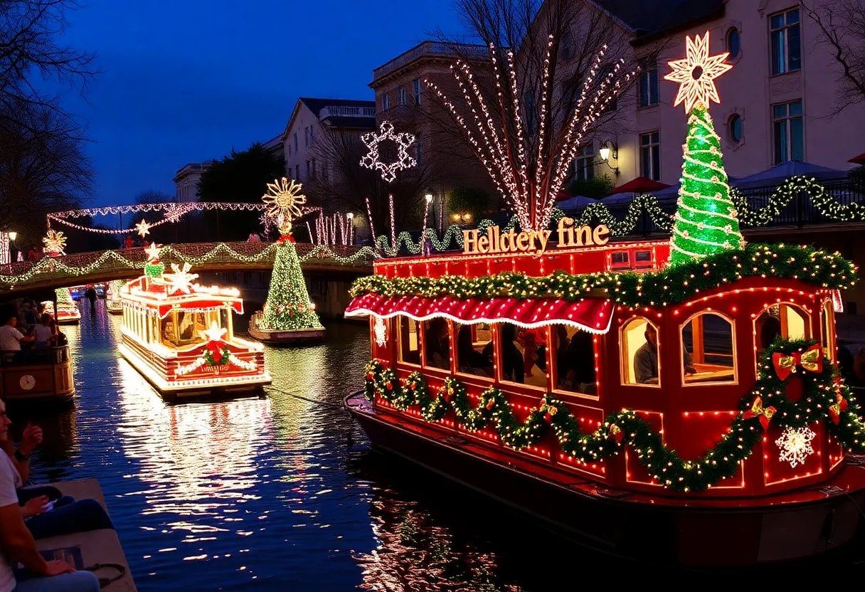 Colorful illuminated barges during the Ford Holiday River Parade on the San Antonio River Walk.