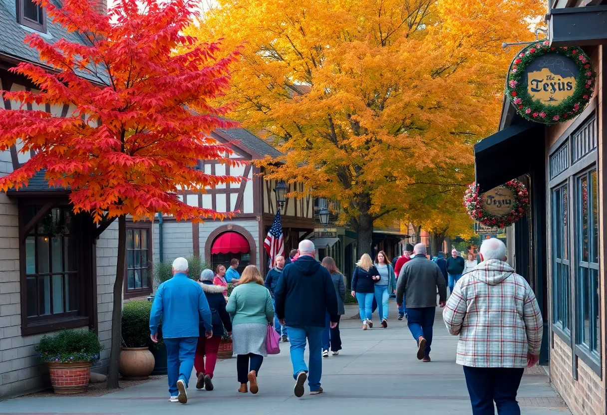 Fall scene in Fredericksburg Texas showcasing autumn colors and local shops.