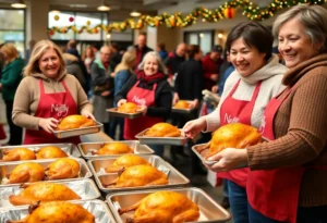 Volunteers preparing fried turkeys for military families and community support