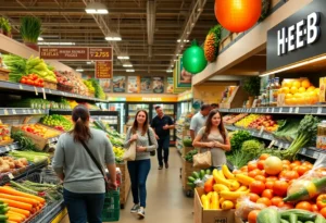 Interior view of an H-E-B grocery store filled with fresh produce and local products.
