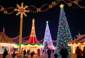 Families enjoying Holiday in the Park at Six Flags Fiesta Texas amidst festive lights
