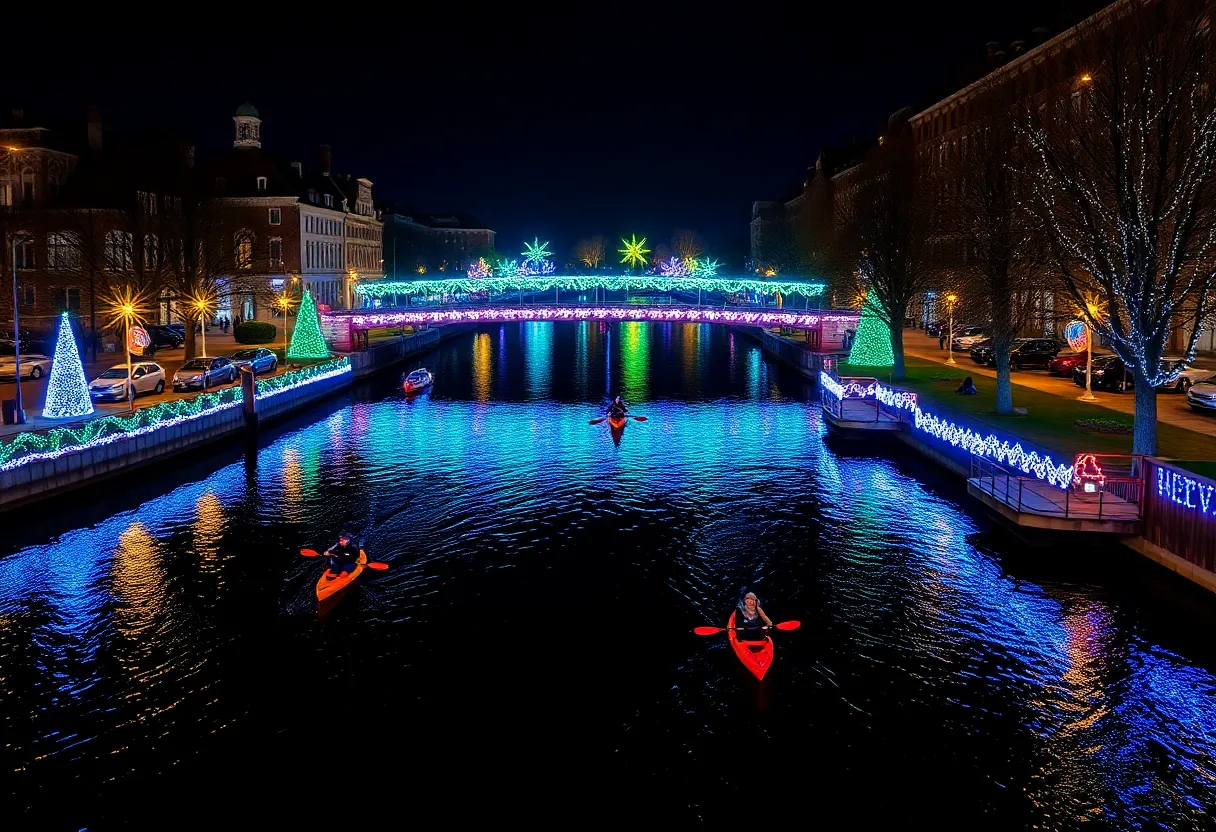 People kayaking along the San Antonio River with festive holiday lights
