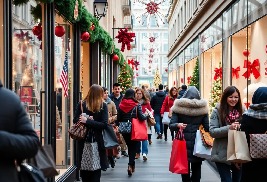 A vibrant holiday shopping scene with diverse shoppers and festive decorations.
