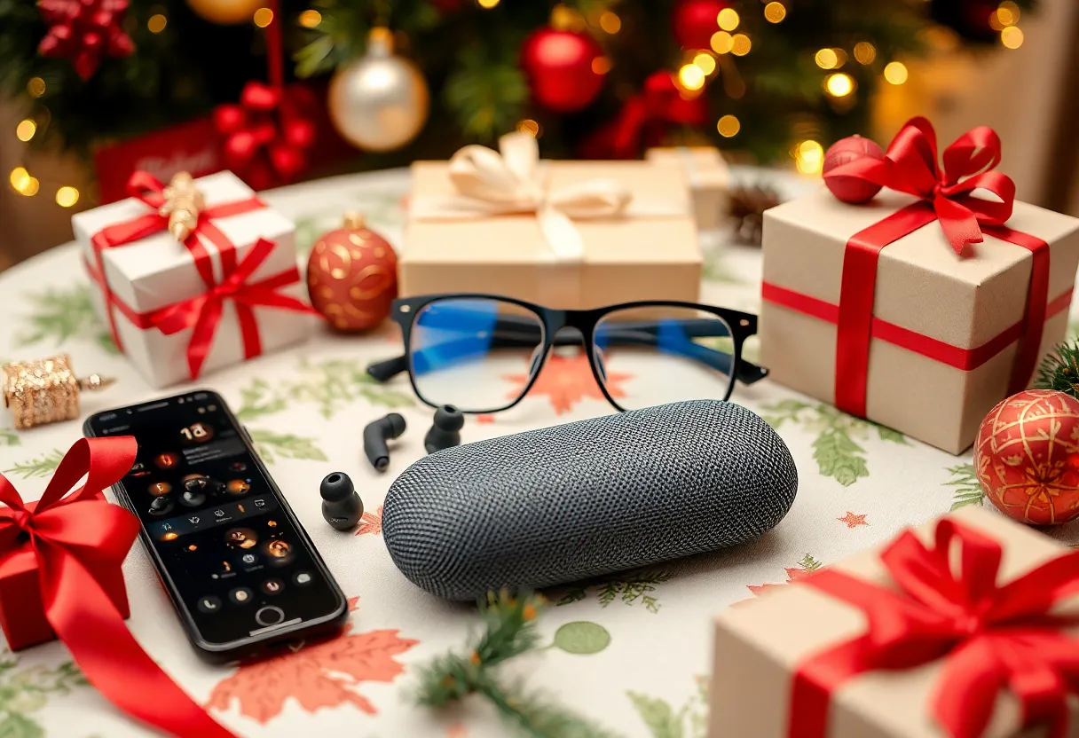 A selection of popular tech gadgets for the holiday season displayed on a festive table.