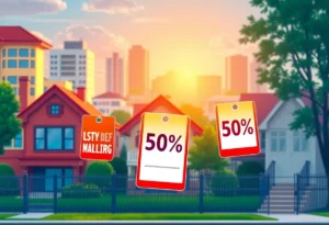 Cityscape illustrating discounted homes for sale