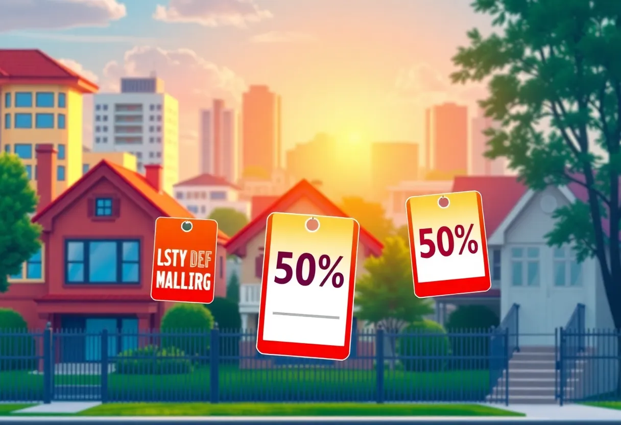 Cityscape illustrating discounted homes for sale