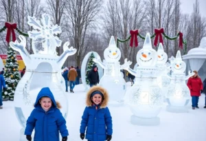 Ice sculptures depicting Frosty the Snowman characters at San Antonio's holiday attraction.
