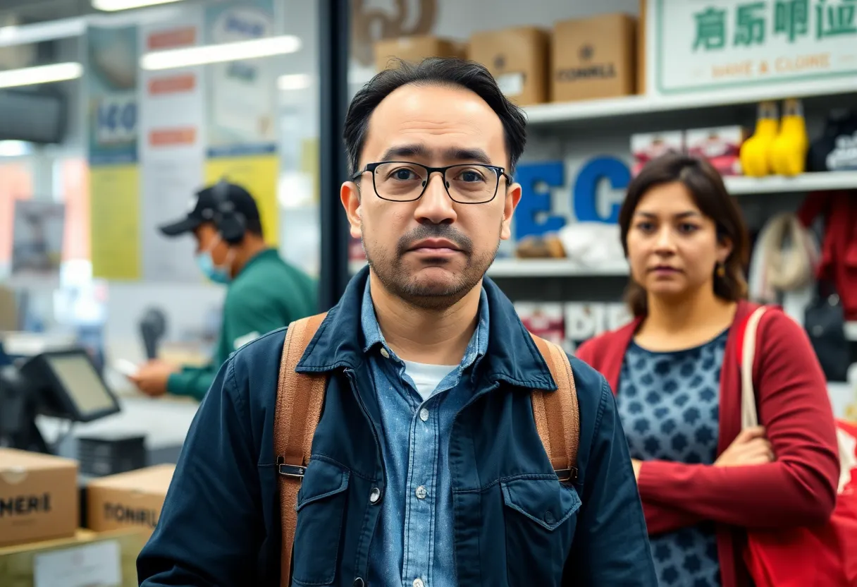 A worried business owner reviews shipping costs amid new tax regulations.