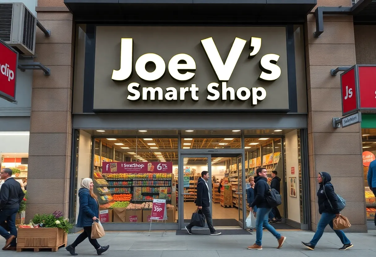 Exterior view of Joe V's Smart Shop with shoppers outside