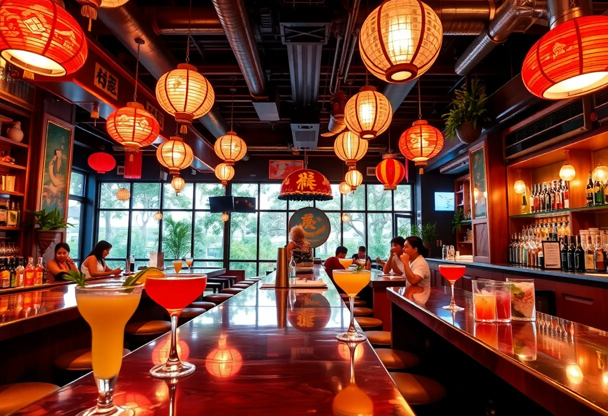 Interior of Jue Let cocktail bar showcasing Asian-inspired design and decor.