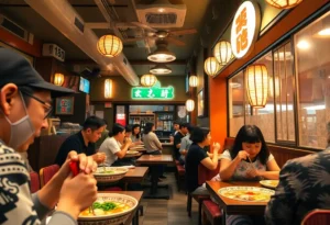 Interior view of Kaedama Battleship Noodle Bar with patrons enjoying ramen