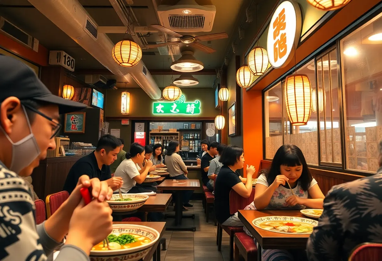 Interior view of Kaedama Battleship Noodle Bar with patrons enjoying ramen