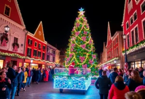 Holiday parade in Kerrville with a large Christmas tree and festive decorations.