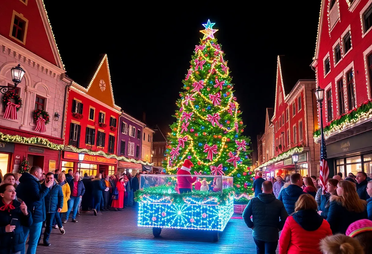 Holiday parade in Kerrville with a large Christmas tree and festive decorations.
