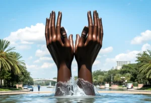 Public mural titled Kindred in San Antonio showcasing two hands from water