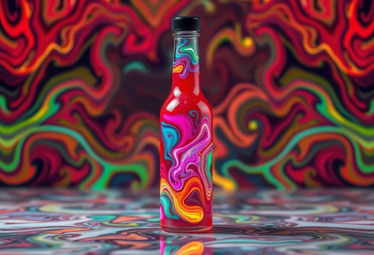 Bottle of Lava Caliente Hot Sauce with colorful lava lamp-inspired design