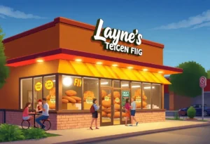 Exterior view of a Layne's Chicken Fingers restaurant with patrons dining outside.