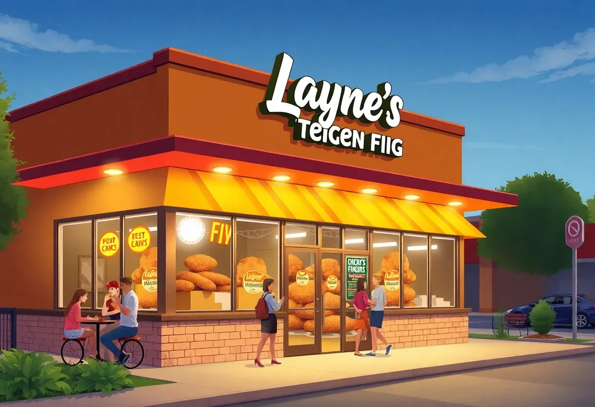 Exterior view of a Layne's Chicken Fingers restaurant with patrons dining outside.