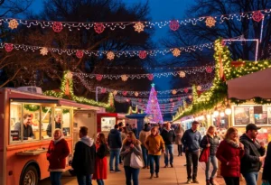Families enjoying the Light the Way Festival with colorful lights and food trucks.