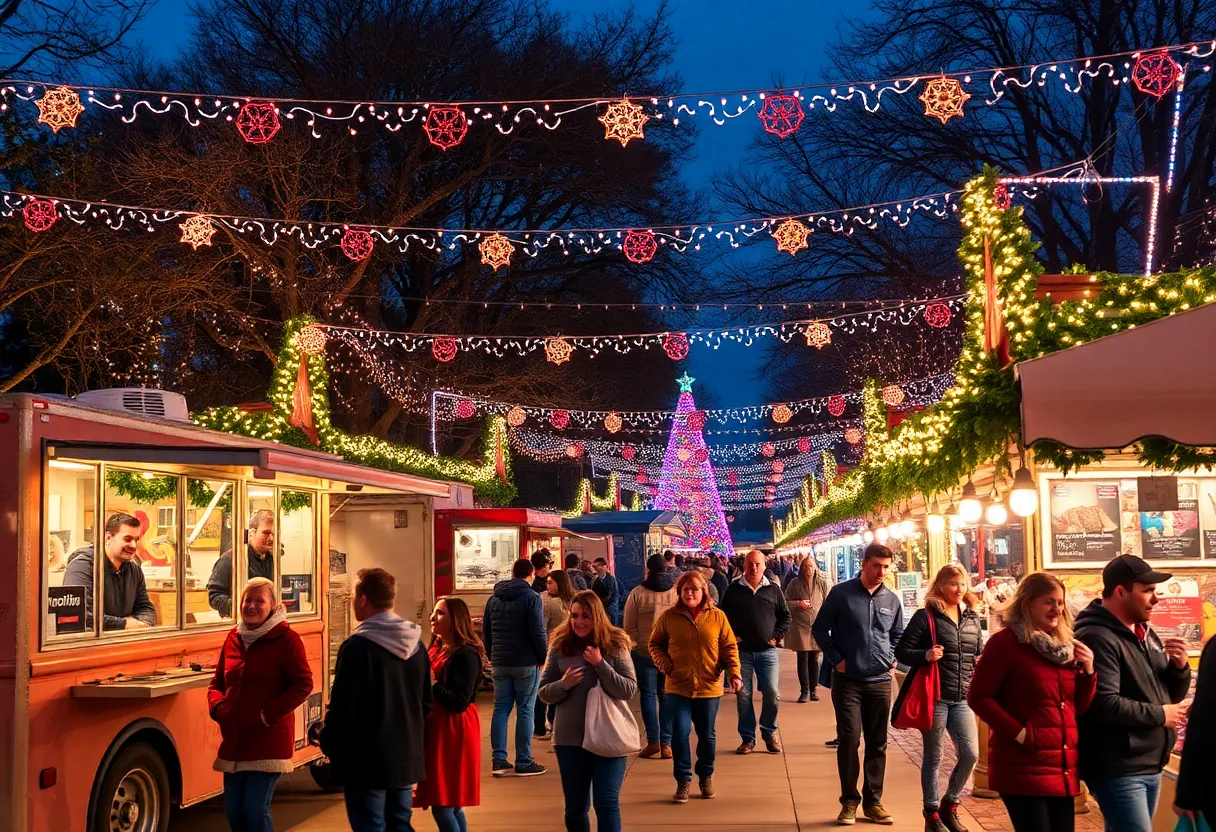 Families enjoying the Light the Way Festival with colorful lights and food trucks.