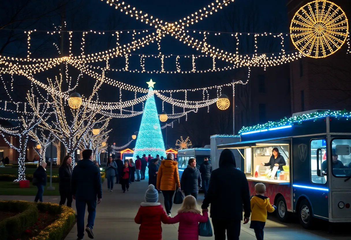 Festive lights and families enjoying the holiday celebration at Texas A&M-San Antonio.