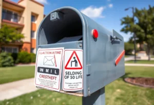 Sign warning of mail theft near a cluster mailbox