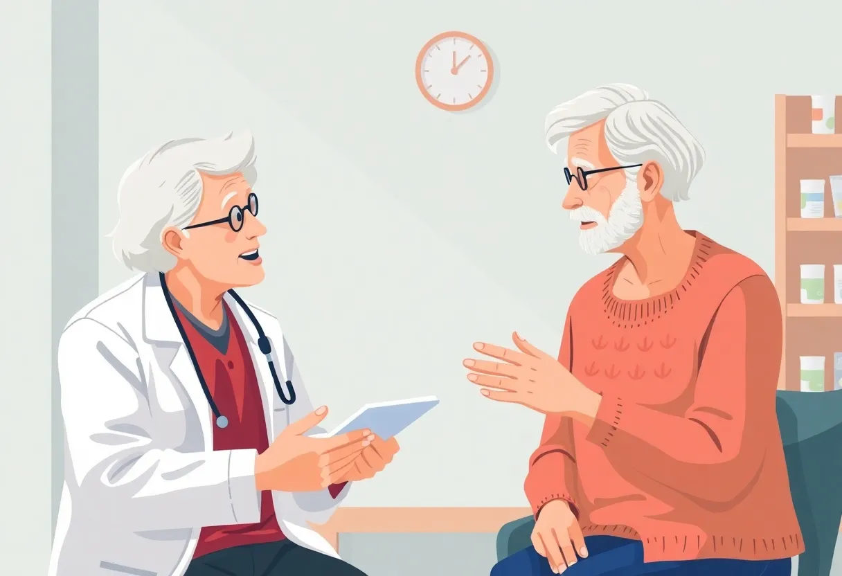 Healthcare professional discussing medication costs with elderly couple