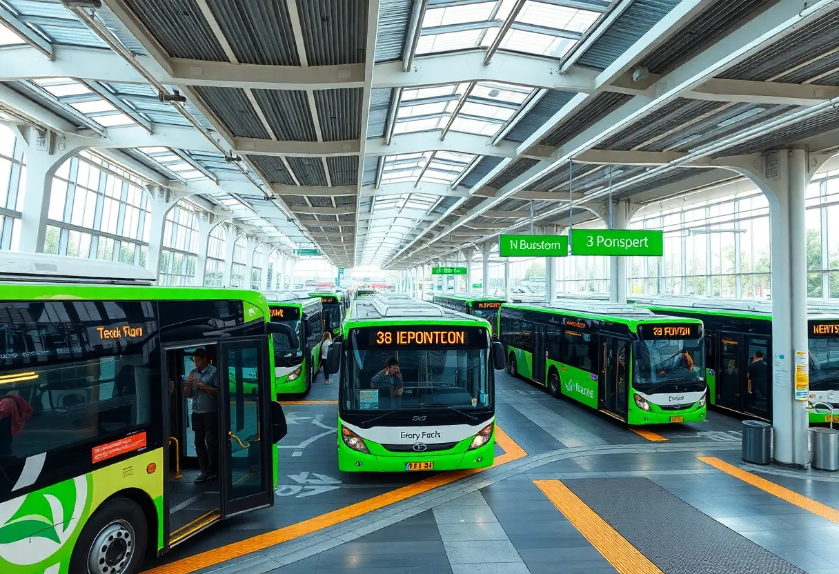 A modern bus station with eco-friendly buses and passengers.